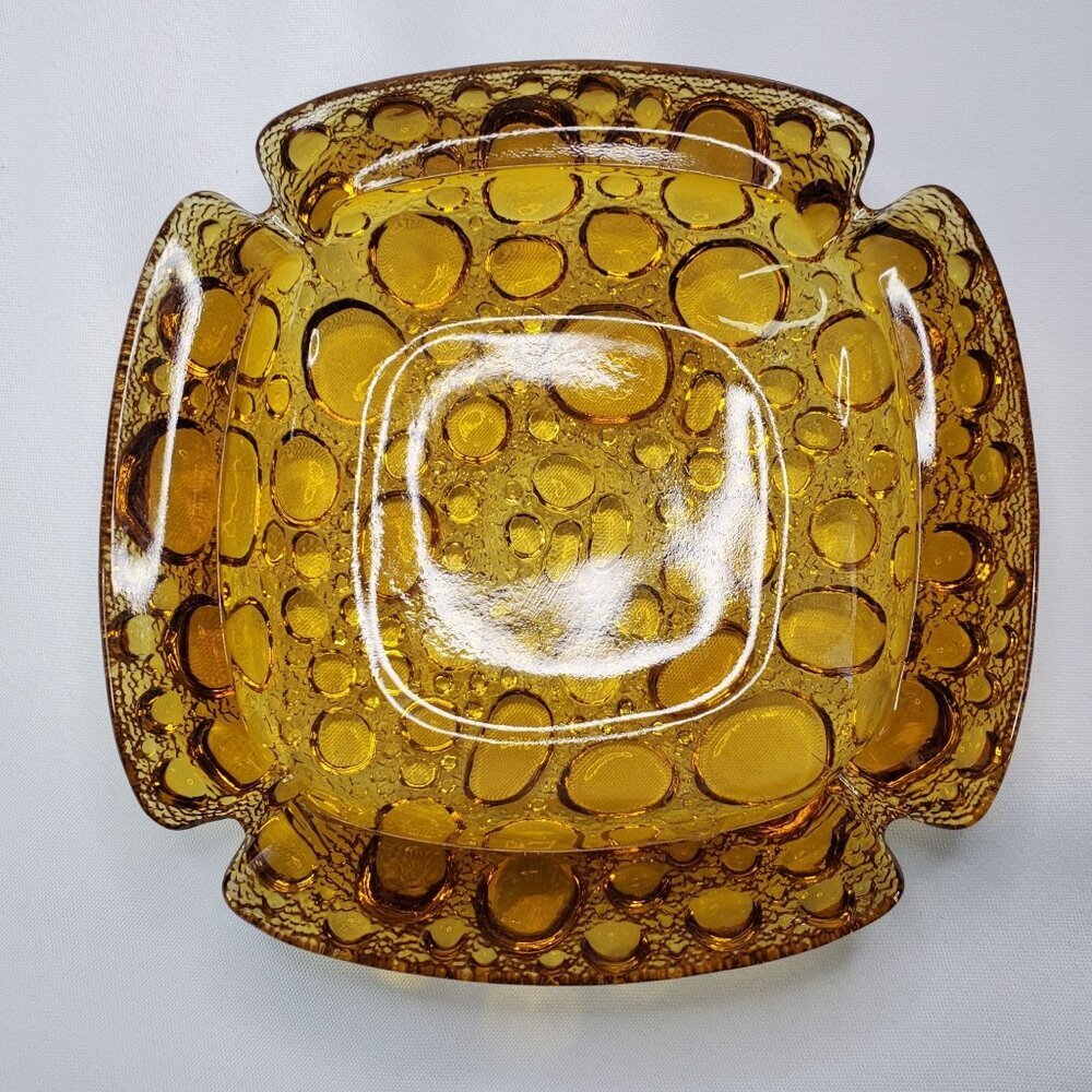 Vintage Libbey Amber Bubble Glass Ashtray, Yellow Pebbled Glass Ashtray 6 inch